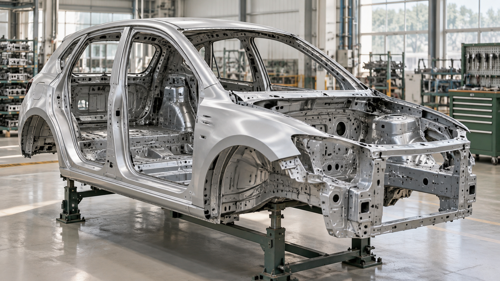 A vehicle body during manufacture, before it has travelled its first kilometre.