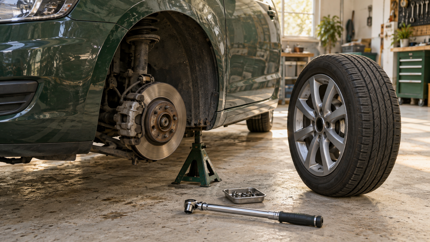 Tyres and brake components being serviced in a workshop.